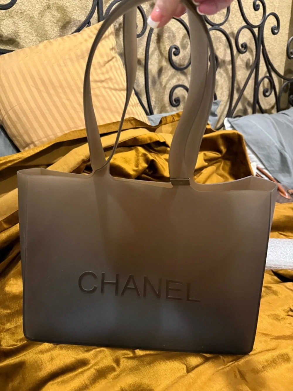 CHANEL Matte Gray Embossed Logo Shopper